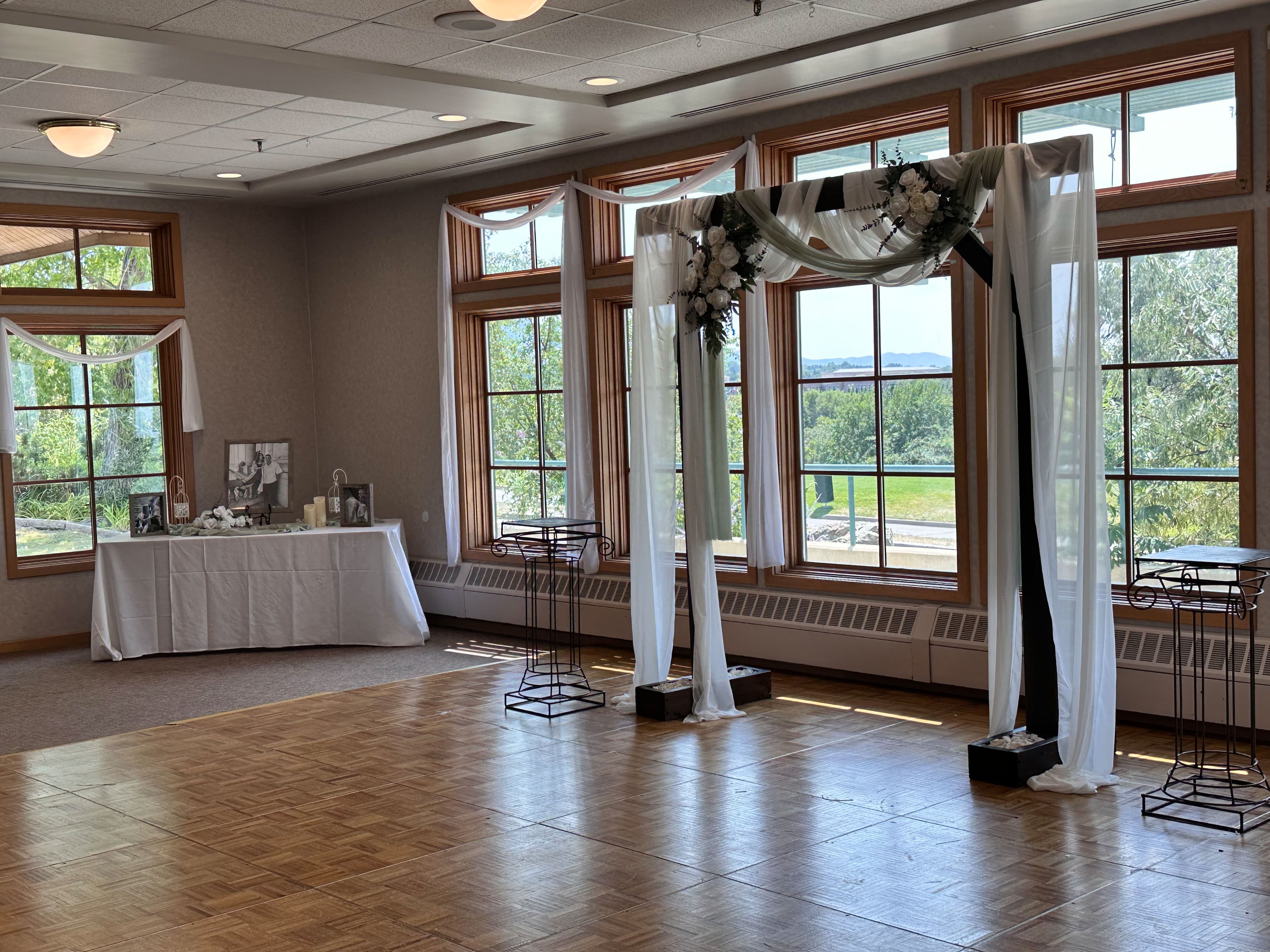 Elegant wedding reception setup inside Old Mill Banquet Hall in Holladay Utah